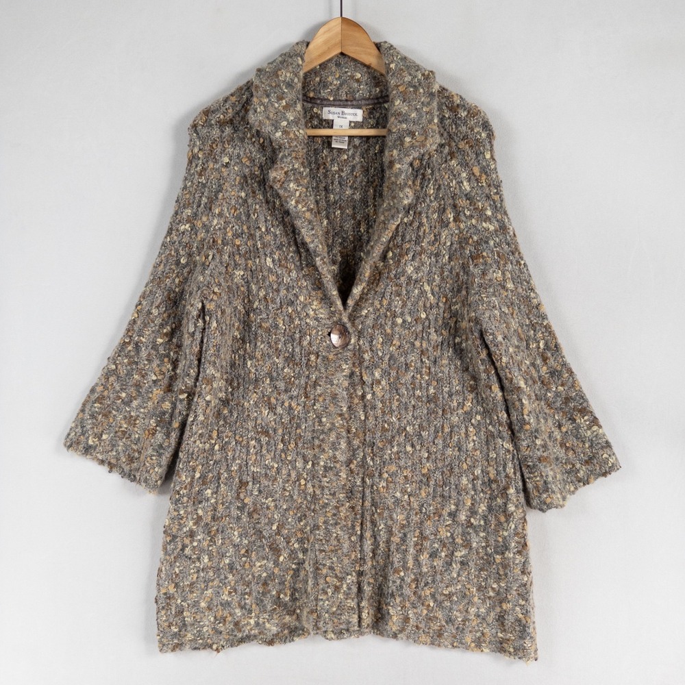 Susan Bristol Cardigan Sweater Womens 1X Brown Gray Mohair Alpaca Blend Cozy